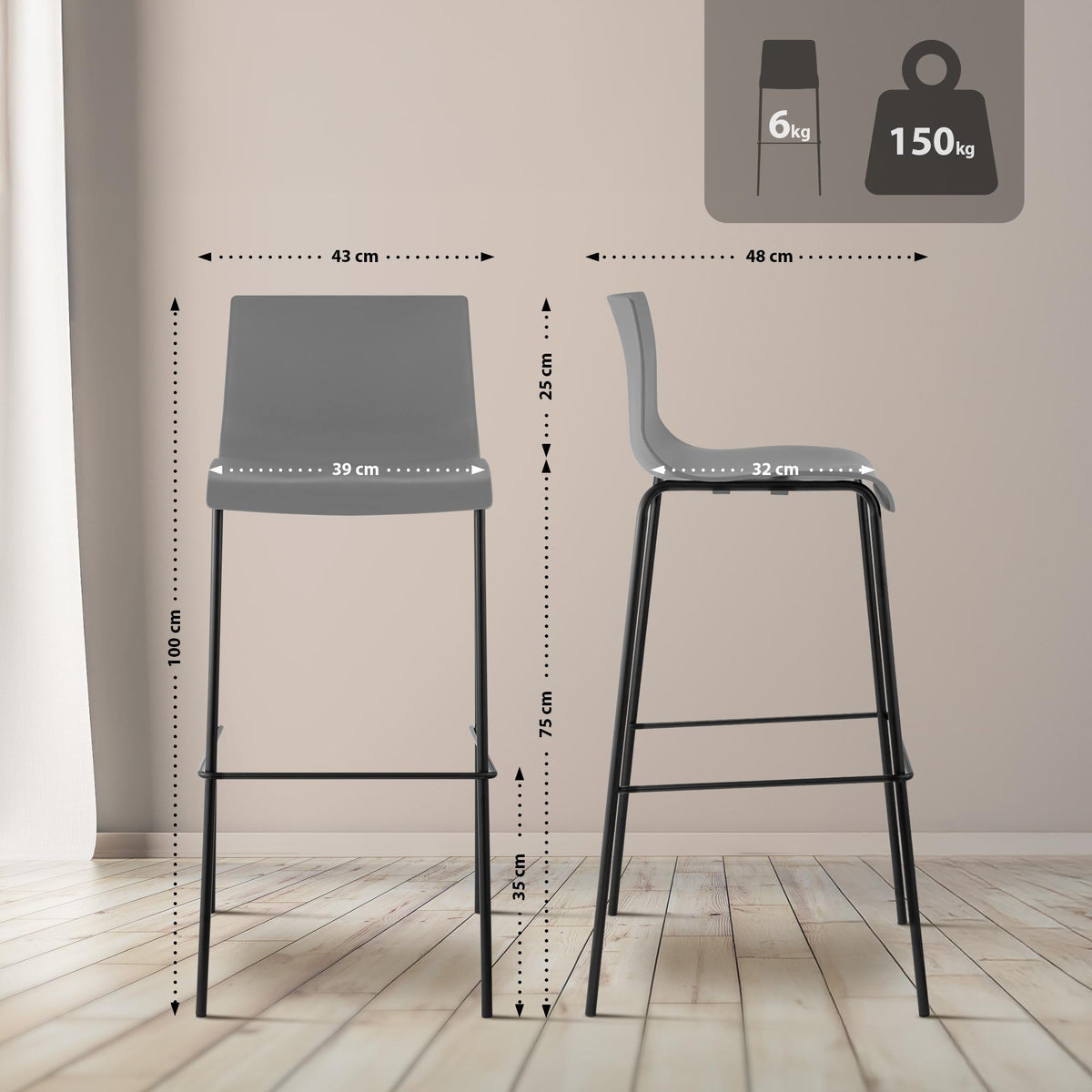 2er Set Barhocker Hoover Kunststoff 4-Fuß Gestell schwarz – Ansicht 16
