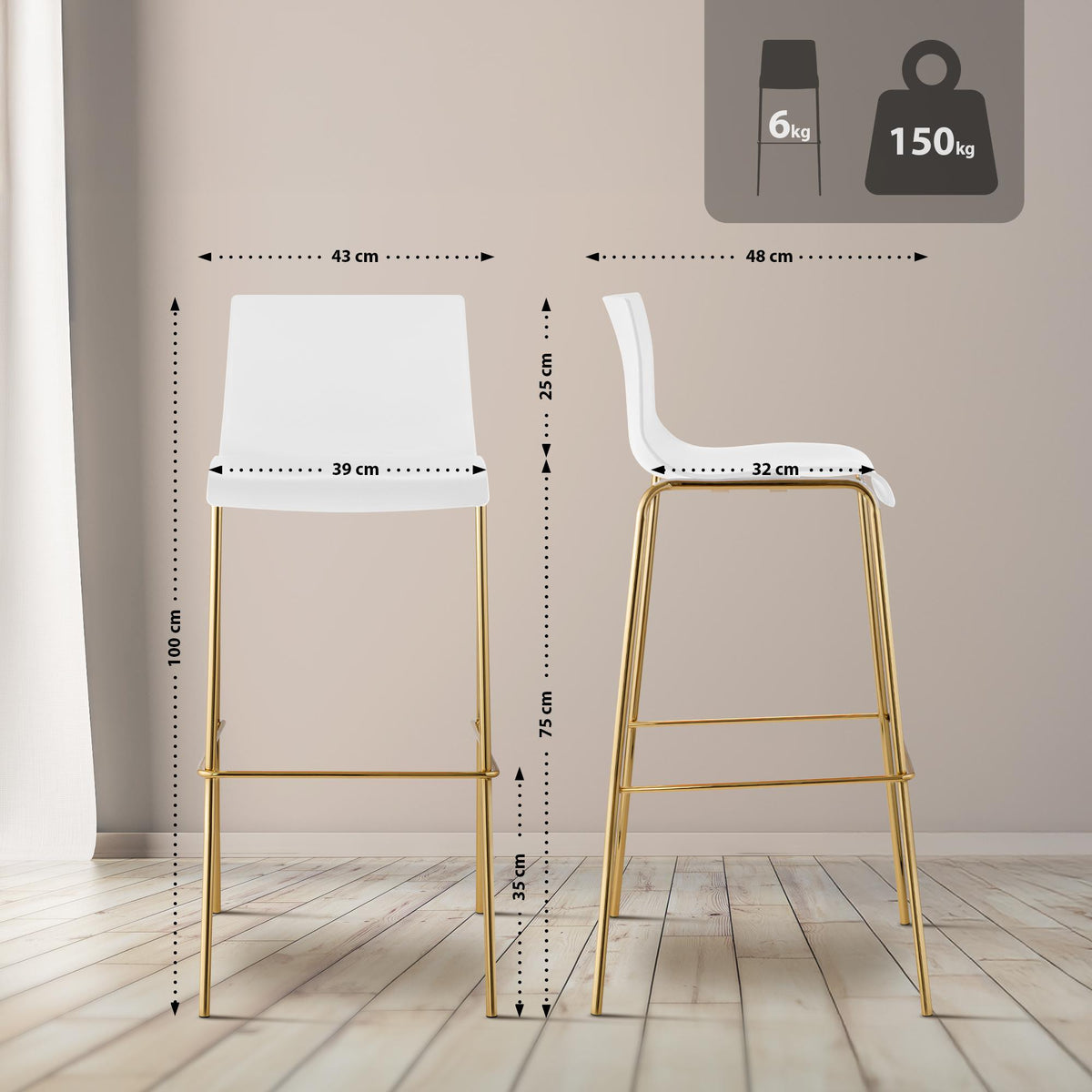 2er Set Barhocker Hoover Kunststoff 4-Fuß Gold – Ansicht 2