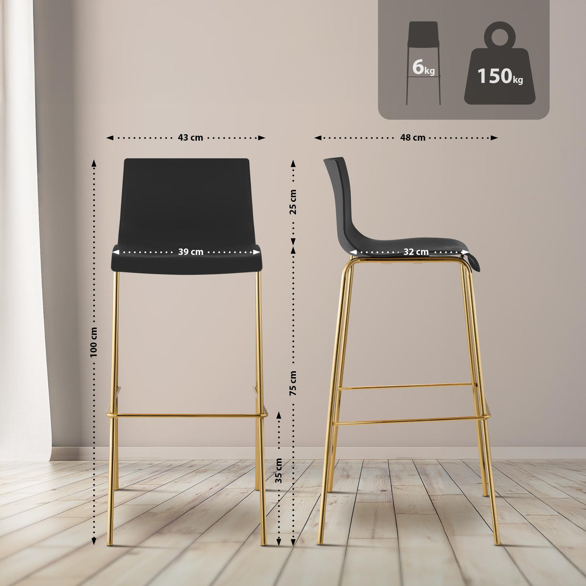 2er Set Barhocker Hoover Kunststoff 4-Fuß Gold – Ansicht 9