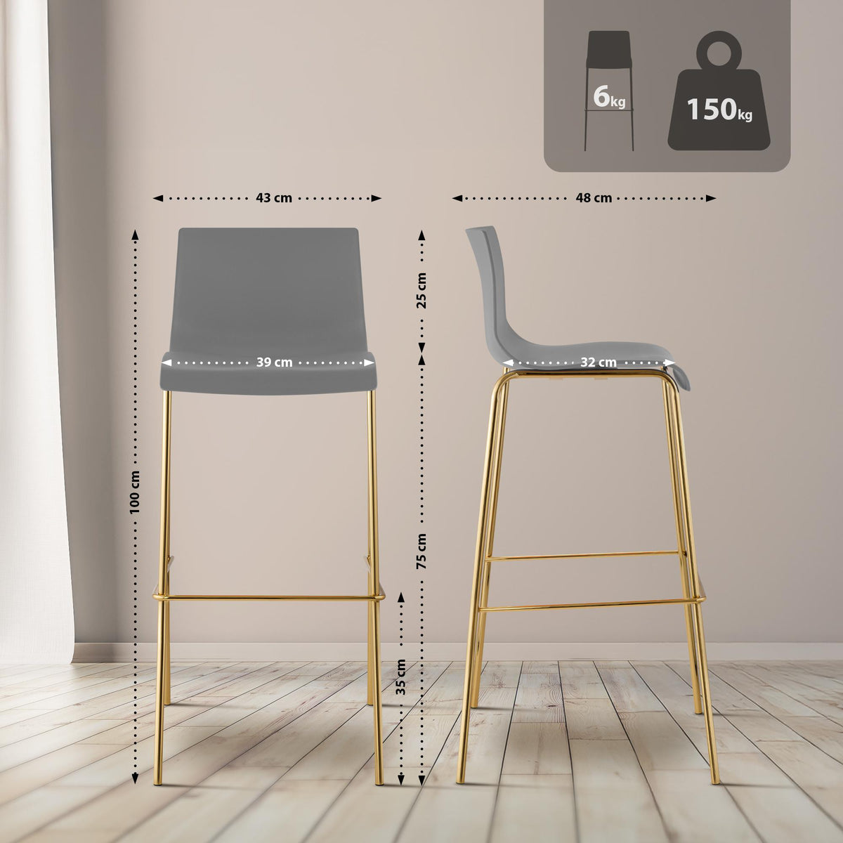 2er Set Barhocker Hoover Kunststoff 4-Fuß Gold – Ansicht 16