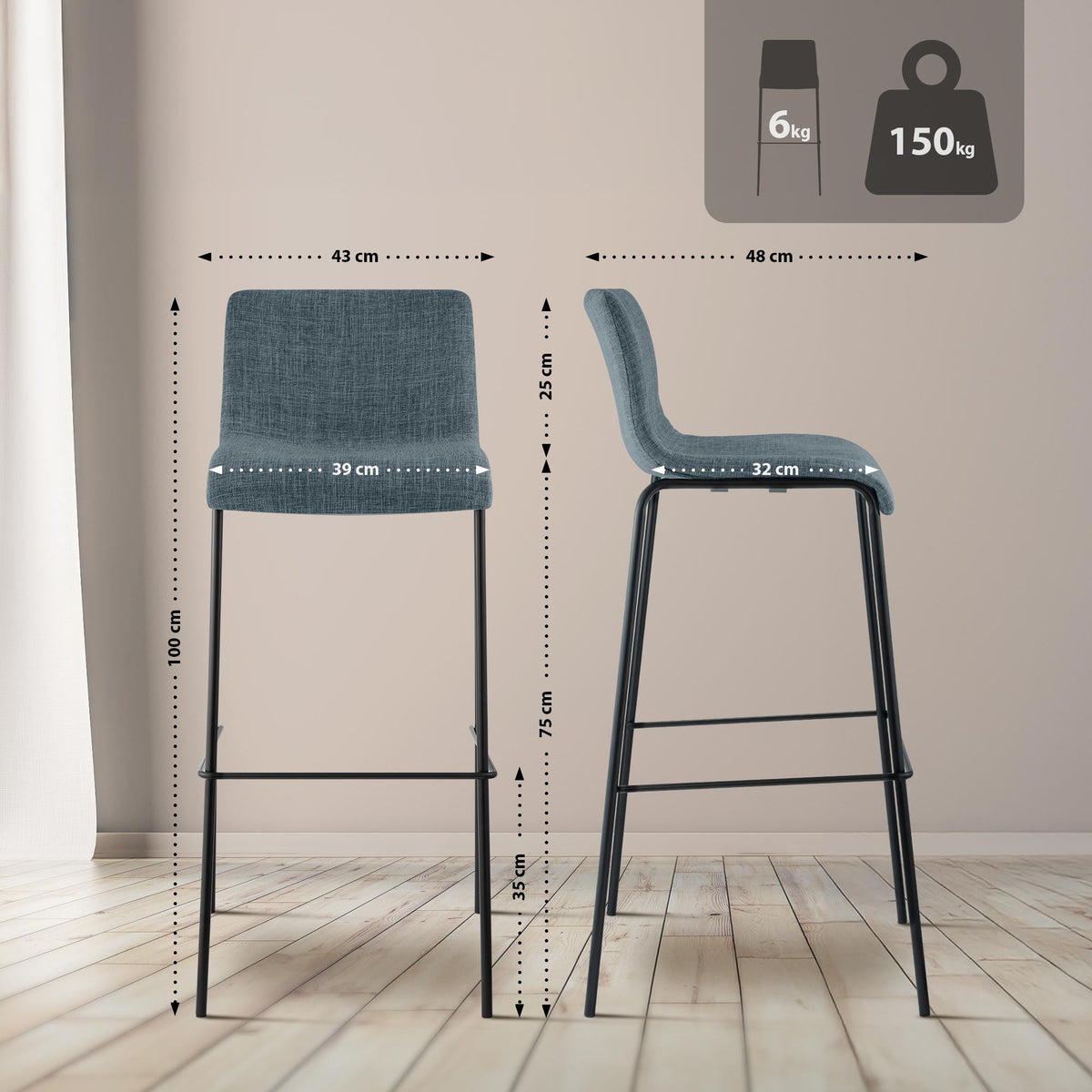 Barhocker Hoover Stoff 4-Fuß Gestell schwarz – Ansicht 2