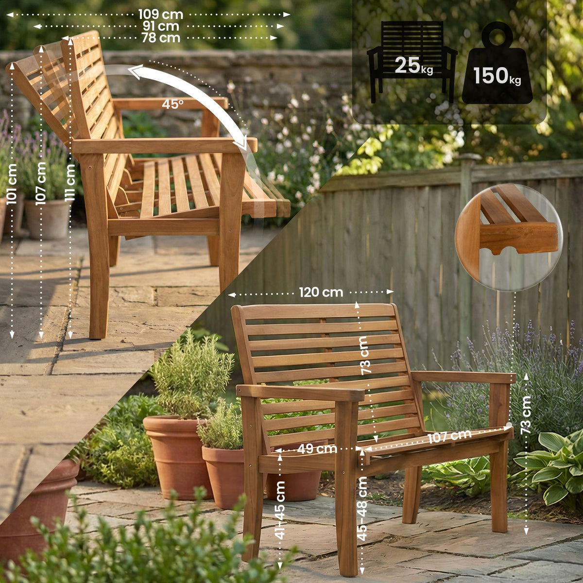 Reclining Teakbank Nicosia 120 cm – Ansicht 2