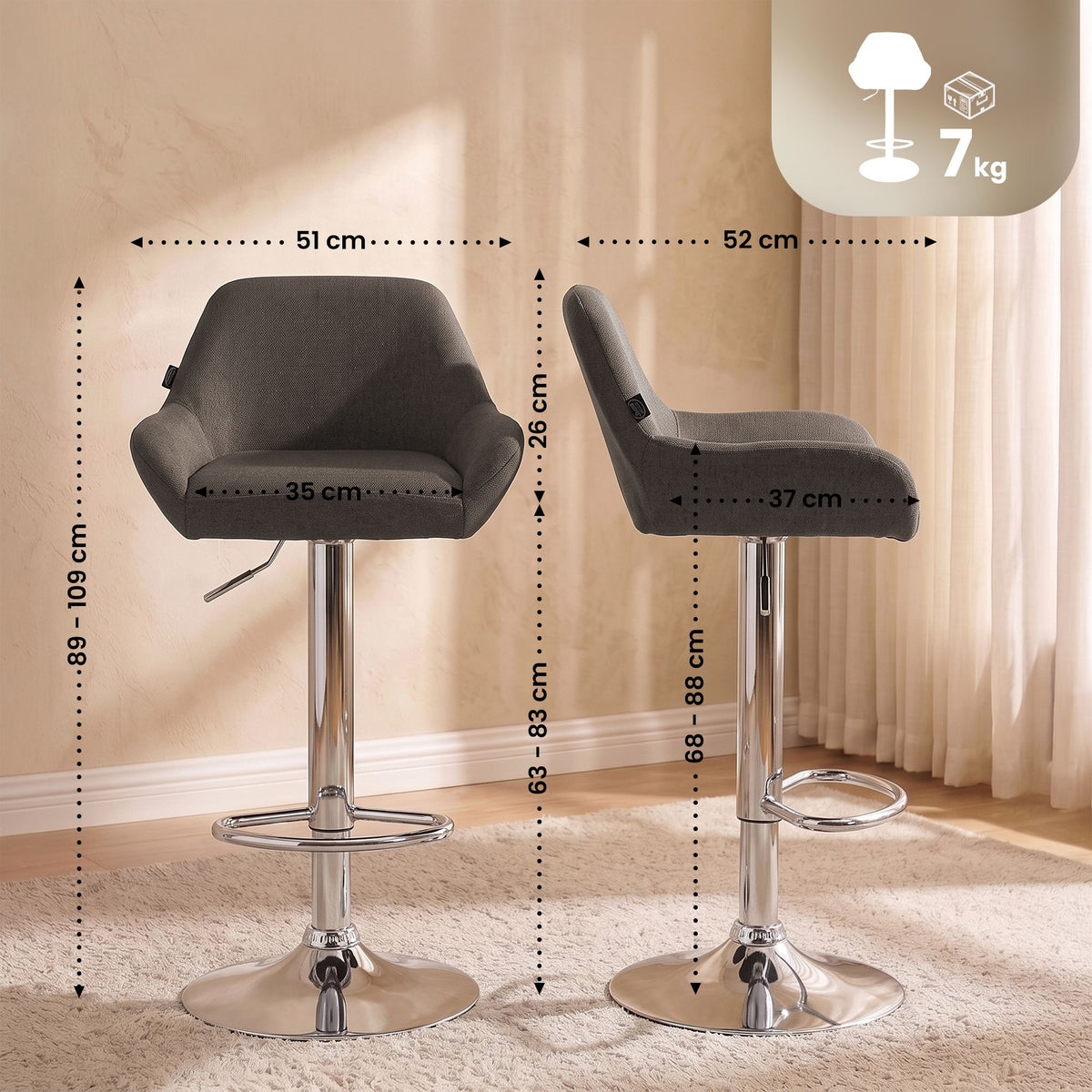2er Set Barhocker Braga Stoff chrom – Ansicht 2
