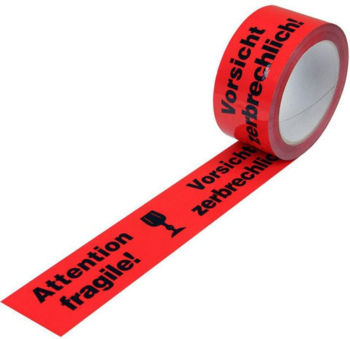 Warnklebeband Breite 50mm L66m S52µ PP rot Aufdruck Vorsicht zerbrechlich - VPE: 12