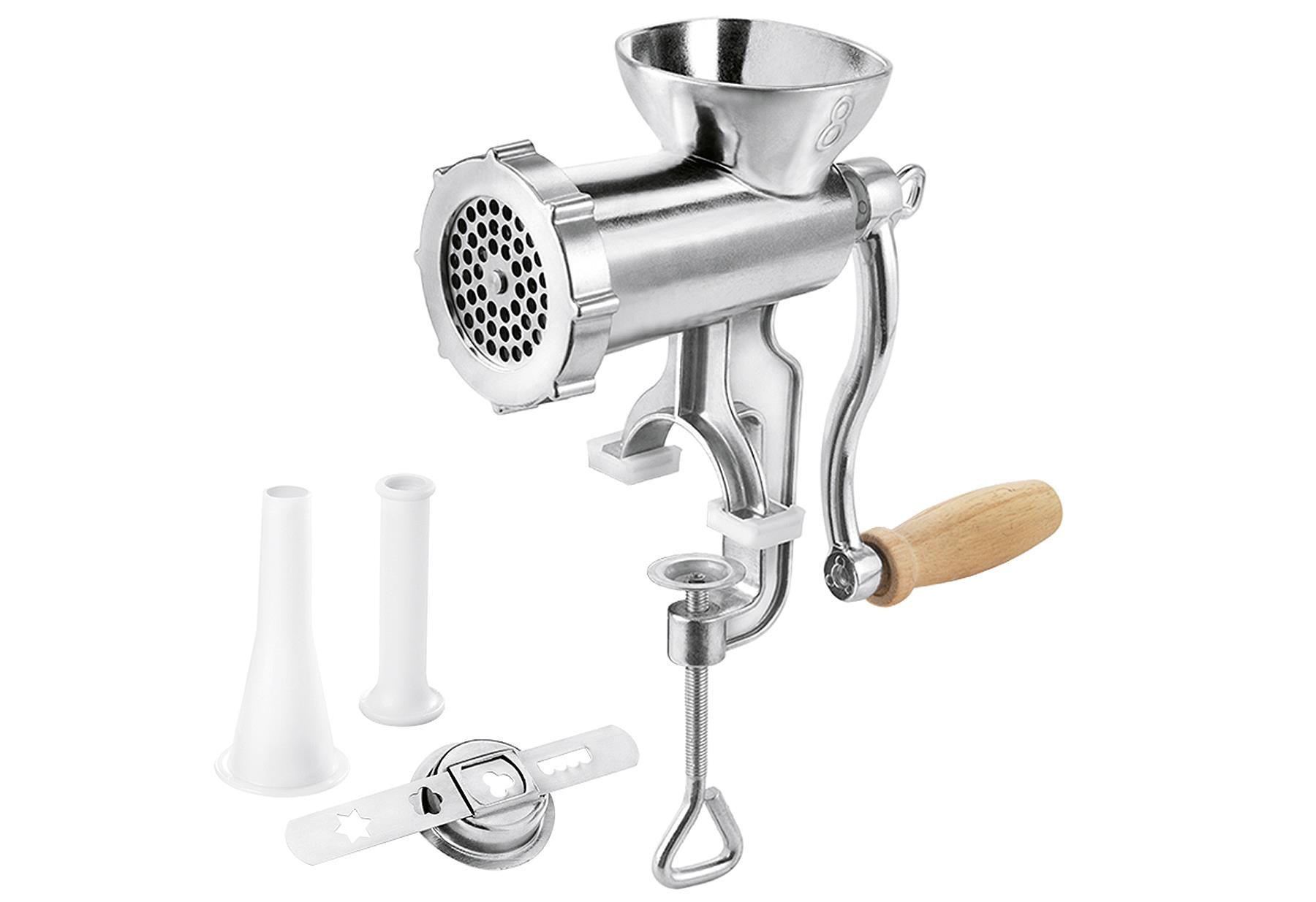 METALTEX Fleischwolf-Set 'Jack' Fleischwolf Spritzgebäckaufsatz Wurstfülltrichter Stößel Holzkurbel Tischbefestigung