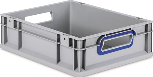 Transportstapelbehälter L400xB300xH120mm grau PP offener Griff blau Seitenwände geschlossen ALLIT