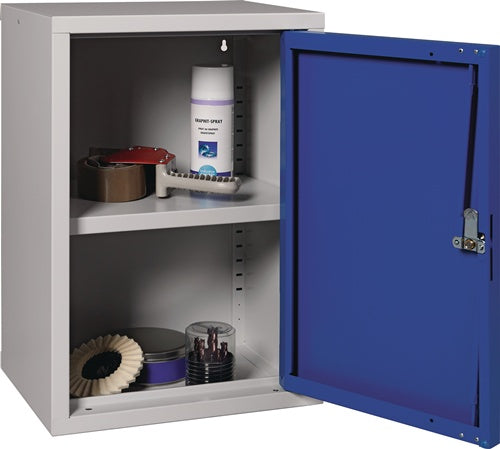 Hängeschrank H600xB400xT300 mm Vollblech 1 Boden Stahlblech lichtgrau RAL 7035/enzianblau RAL 5010 – Ansicht 3