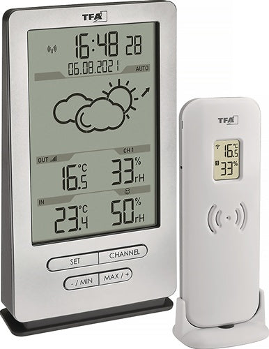 Funkwetterstation XENA H145xB82xT47mm silber Kunststoff für innen/außen mit Symbolen und Luftdrucktendenz TFA