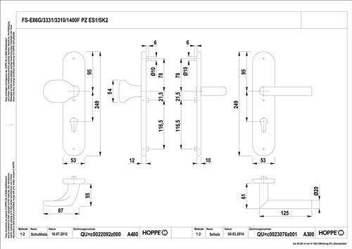 Feuerschutzgarnitur Amsterdam FS-E86G/3331/3310/1400F Edelstahl F69 D/K für Türstärke 42-47 mm PZ abgerundet D – Ansicht 3