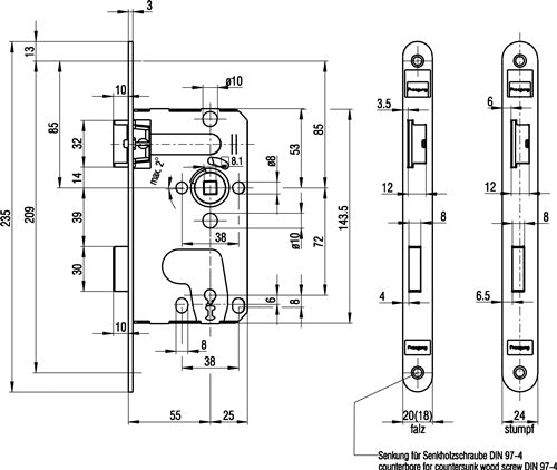 Zimmertür-Einsteckschloss 215 BB 20/ 55/72/8 mm DIN rechts silber käntig Klasse 1 Kunststoff BKS – Ansicht 3