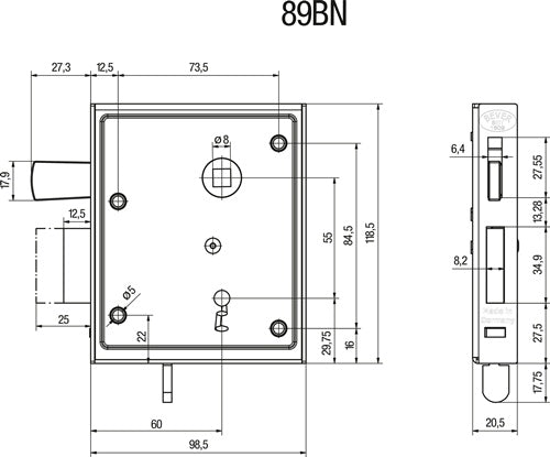 Universal-Kastenschloss 89 BK / PK DIN links / rechts BB hebende Falle Dornmaß 60 mm BEVER – Ansicht 3