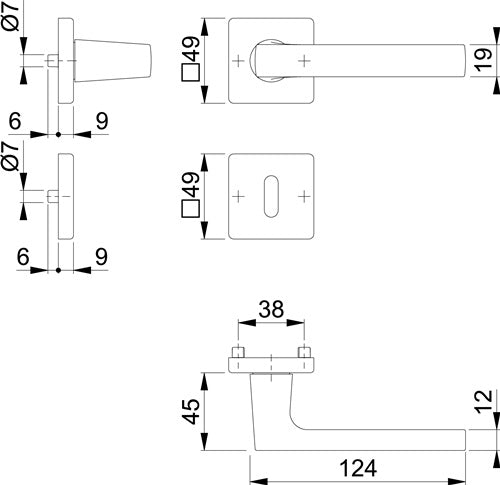 Rosettengarnitur Dallas M1643/843KV/843KVS Messing F96-1-R quadratisch BB DIN links / rechts D/D HOPPE – Ansicht 3
