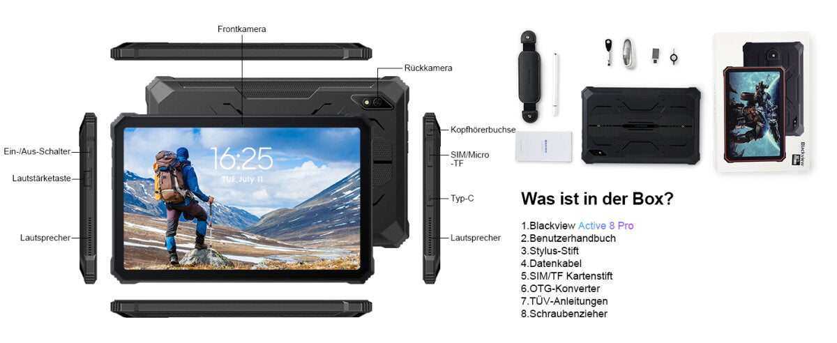 Blackview Active 8 Pro Orange Rugged Tablet 10,36" 2,4K FHD+ 16GB RAM 256GB ROM 48MP Kamera 22000mAh Android 15 – Ansicht 6