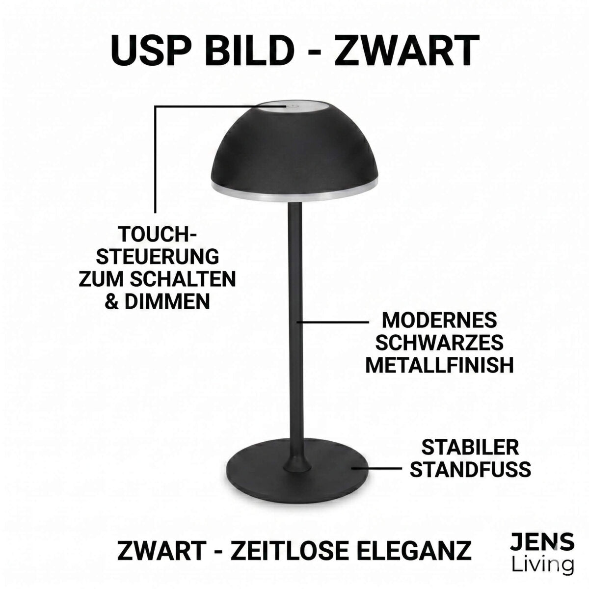 JENS Living LED Tischleuchte Schwarz Metall – Akku-Tischlampe dimmbar, USB-C aufladbar, 3 Lichtmodi ( – Ansicht 2