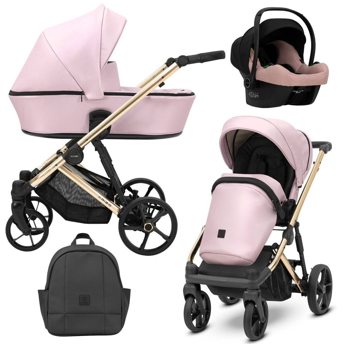 Kunert ARIZO PREMIUM 3in1 Öko-Leder Kinderwagen in Rosa mit goldenem Gestell und Cosmo Zubehör