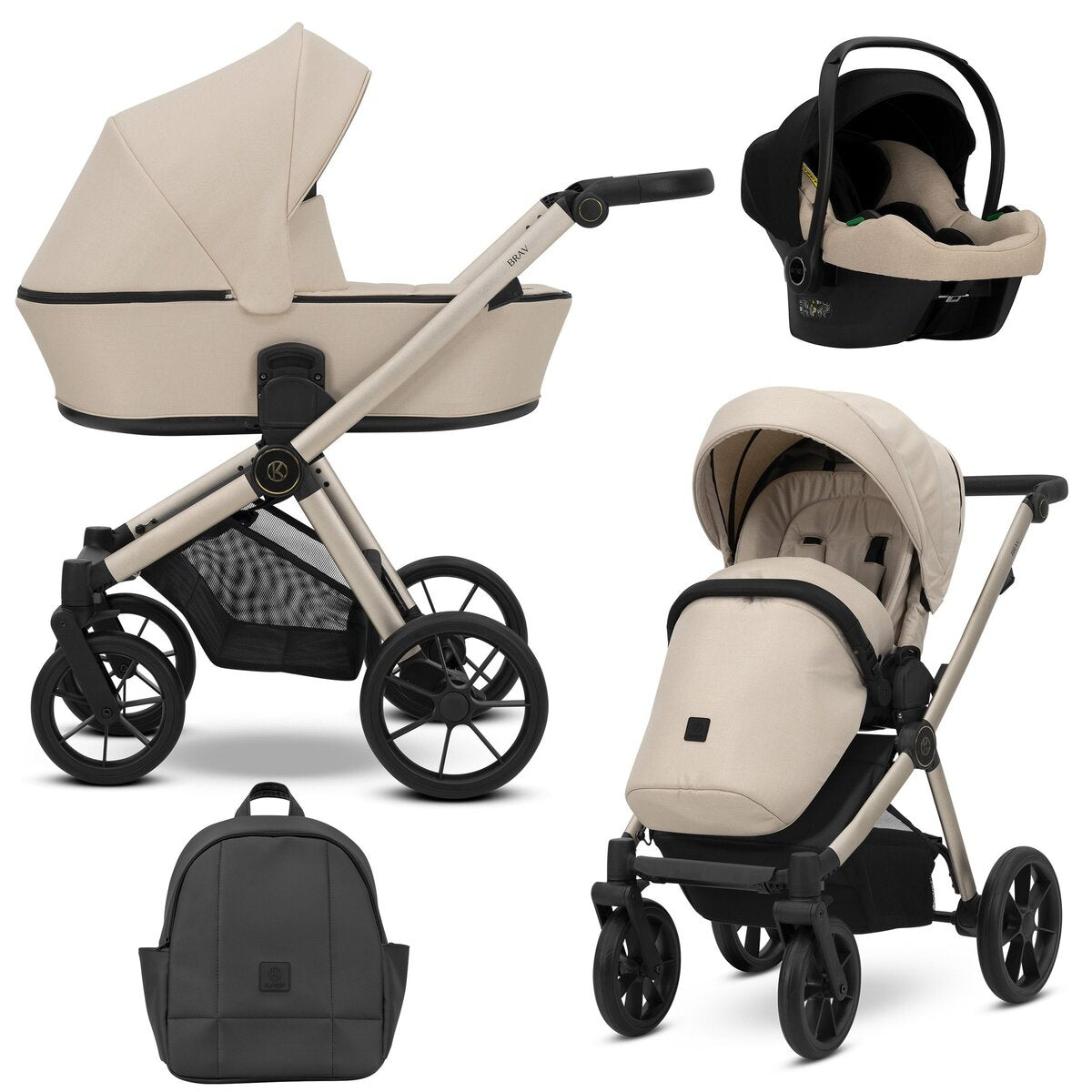 Kunert BRAV 3in1 Kinderwagen in Braun mit Champagnerrahmen, Gelrädern und Cosmo Autositz