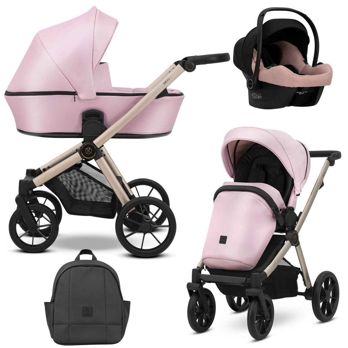 Kunert BRAV 3in1 Öko-Leder Kinderwagen in Rosa mit Champagnerrahmen, Gelrädern und Autsositz