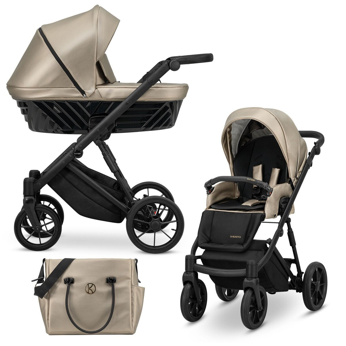 Kunert IVENTO 3in1 Öko-Leder Kinderwagen in Braun mit schwarzem Rahmen und Zubehör – Ansicht 2