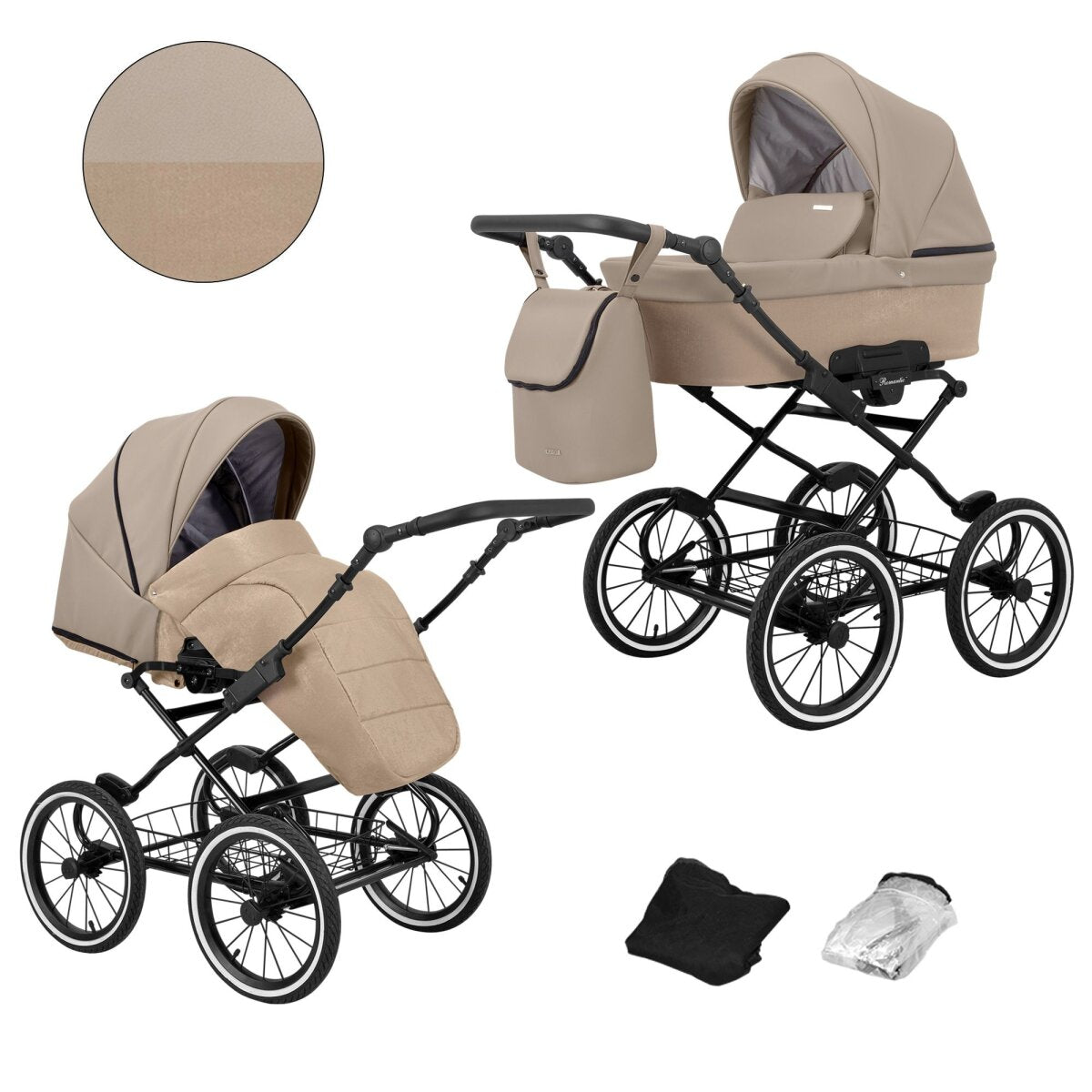 Kunert Romantic 2in1 Öko-Leder Kinderwagen in Braun/Cappuccino und schwarzem Rahmen mit AIR Wheels