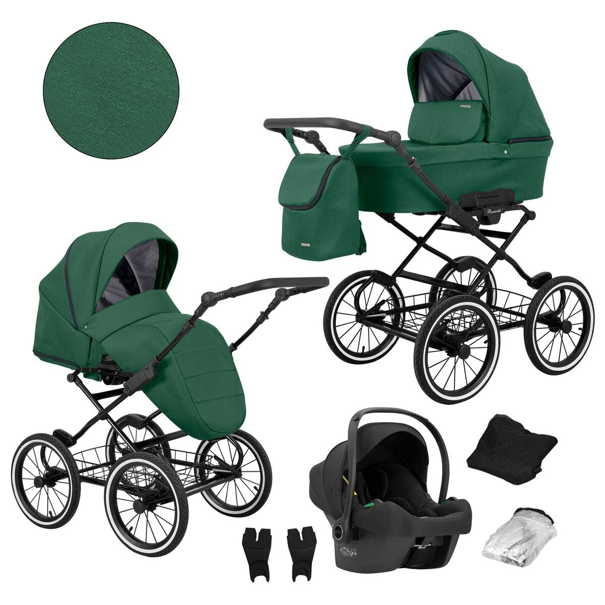 Kunert Romantic 3-in-1 Kinderwagen in Grün mit Cosmo Autositz und großem Zubehörpaket