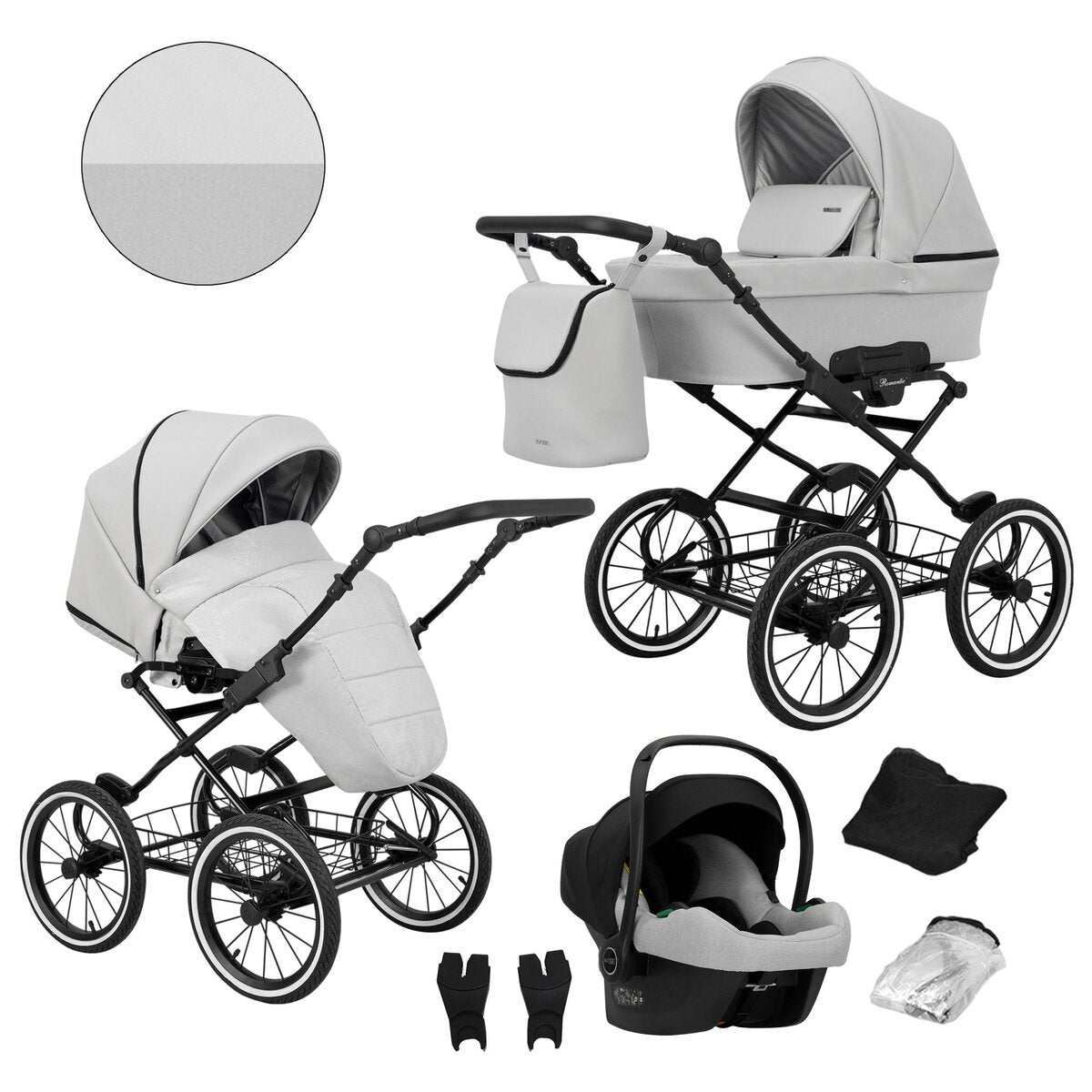 Kunert Romantic 3-in-1 Öko-Leder Kinderwagen in Silber mit Cosmo Autositz, Luftreifen und schwarzem Rahmen