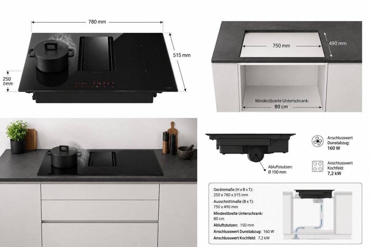 Manolya Elica PRF0183127 Induktionskochfeld mit Dunstabzug 78 cm | Kochfeldabzug Muldenlüfter | 4 Kochzonen | – Ansicht 3