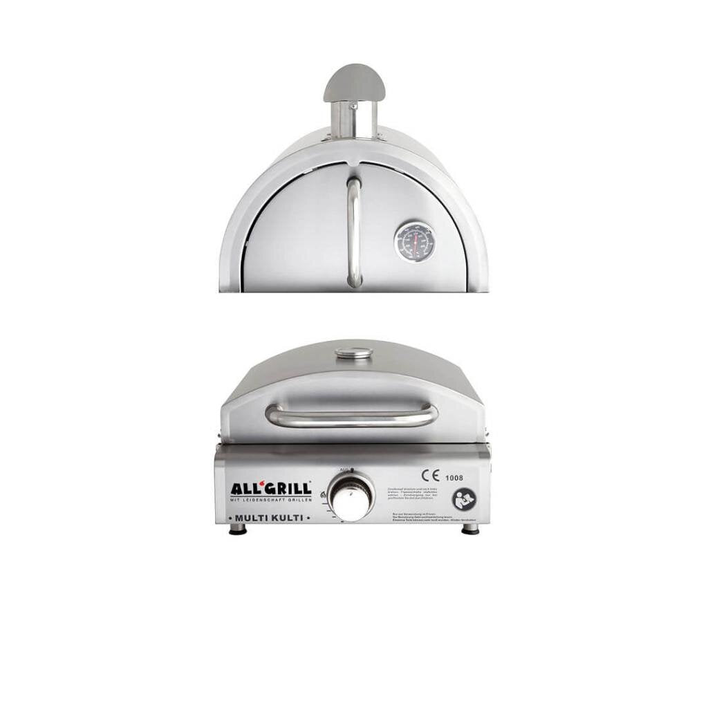 Multi-Kulti Gasgrill mit Pizzabackhaube aus Edelstahl, Temperaturen bis 350°C, Abmessung 42 x 51 x 25 cm, Brenner 3,8kW mit
