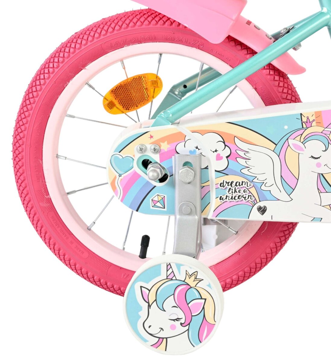 Volare Unicorn Kinderfahrrad Mädchen 14 Zoll Grün – Einhorn-Design, Handbremse & Rücktrittbremse – Ansicht 2