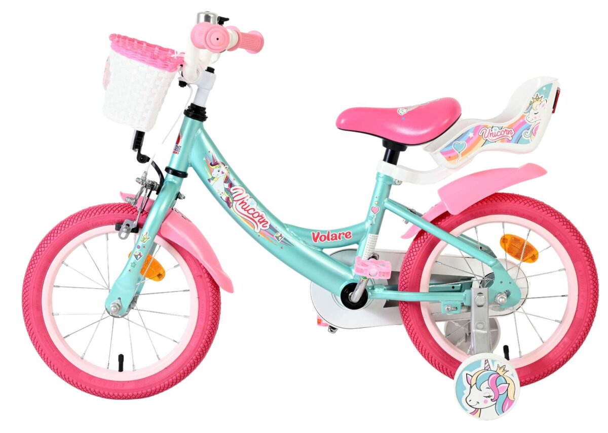 Volare Unicorn Kinderfahrrad Mädchen 14 Zoll Grün – Einhorn-Design, Handbremse & Rücktrittbremse – Ansicht 7