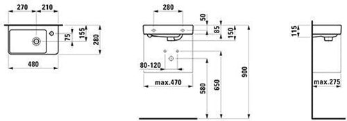 Handwaschbecken LAUFEN PRO S 480x280mm asym re m ÜL 1 Hahnloch weiß LAUFEN