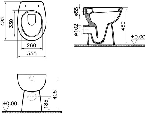 VT Tiefspüler-Stand-WC Conforma + 60 mm Abgang waagerecht Open Back Weiß Hochgl – Ansicht 3