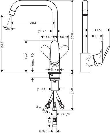Einhebel-Spültischmischer 260 FOCUS DN 15 f offene Heißwasserbereiter chrom HANSGROHE – Ansicht 4