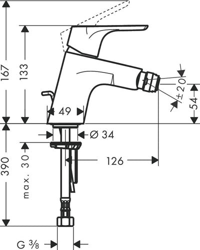 HG Einhebel-Bidetmischer FOCUS DN 15 m Zugst-Ablaufgarn G 1 1/4Zoll ch HANSGROHE – Ansicht 4
