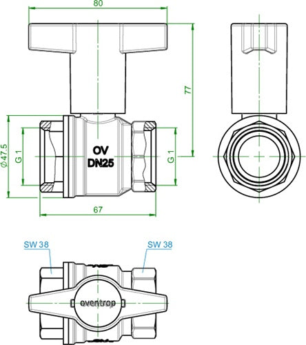 OV Knebelgriff-Kugelhahn Optibal PN 16 Messing DN 25 1Z IG – Ansicht 4
