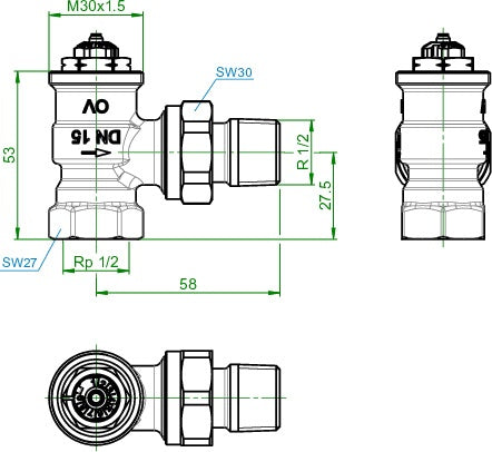 OV Thermostatventil Baureihe AV 9 M 30x15 PN 10 Eck DN 15 – Ansicht 3
