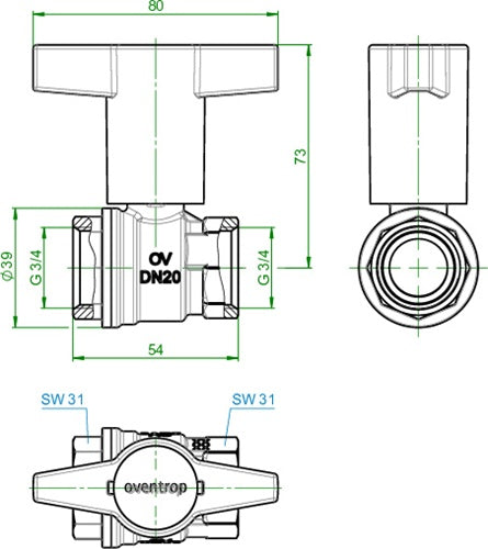 OV Knebelgriff-Kugelhahn Optibal PN 16 Messing DN 20 3/4Z IG – Ansicht 4