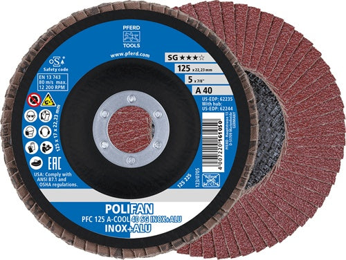 Fächerscheibe POLIFAN A-COOL SG INOX+ALU Ø 125 mm Körnung 40 konisch INOX/Aluminium Normalkorund PFERD - VPE: 10