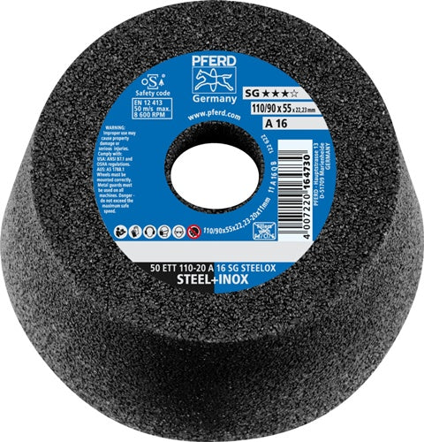Schleiftopf ETT SG STEELOX 110/55 mm INOX und Stahl 16 Bohrung 2223 mm PFERD