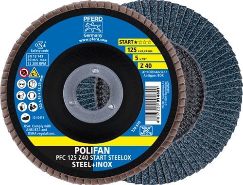 Fächerscheibe POLIFAN Z START STEELOX Ø 125 mm Körnung Z-40 konisch INOX Zirkonkorund Box á 10 St PFERD - VPE: 10