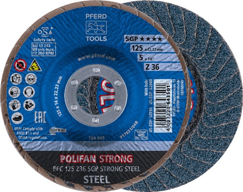 Fächerscheibe POLIFAN Z SGP STRONG STEEL Ø 125 mm Körnung 36 konisch INOX Zirkonkorund PFERD - VPE: 10