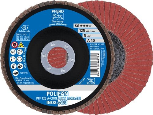 Fächerscheibe POLIFAN A-COOL SG INOX+ALU Ø 125 mm Körnung 40 flach INOX/Aluminium Normalkorund PFERD - VPE: 10