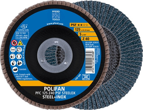 Fächerscheibe POLIFAN Z PSF STEELOX Ø 125 mm Körnung 40 konisch Stahl / INOX Zirkonkorund PFERD - VPE: 10