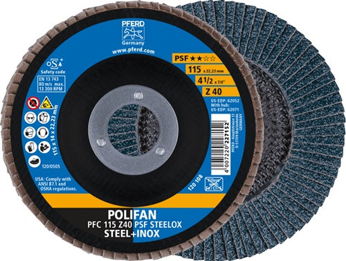 Fächerscheibe POLIFAN Z PSF STEELOX Ø 115 mm Körnung 40 konisch Stahl / INOX Zirkonkorund PFERD - VPE: 10