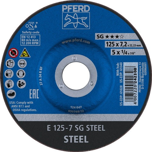Schruppscheibe SG STEEL D125xS72mm gekröpft Stahl Bohrung 2223 mm PFERD - VPE: 10