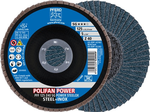 Fächerscheibe POLIFAN Z SG POWER STEELOX Ø 125 mm Körnung 40 INOX Zirkonkorund Ausführung flach PFERD - VPE: 10