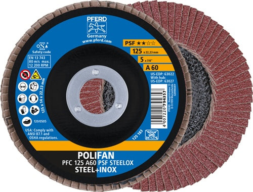Fächerscheibe POLIFAN A PSF STEELOX Ø 125 mm Körnung 60 konisch Stahl/INOX Normalkorund PFERD - VPE: 10