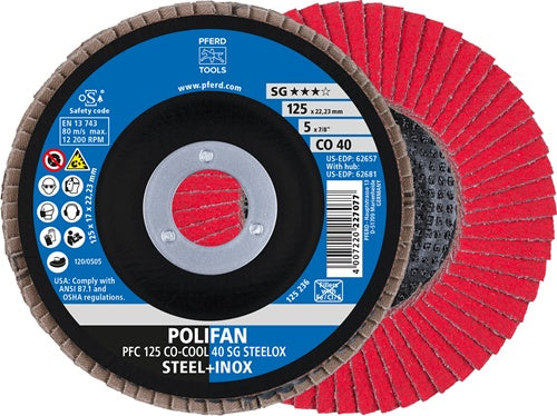 Fächerscheibe POLIFAN CO-COOL SG STEELOX Ø 125 mm Körnung 40 konisch INOX Keramikkorn CO PFERD - VPE: 10