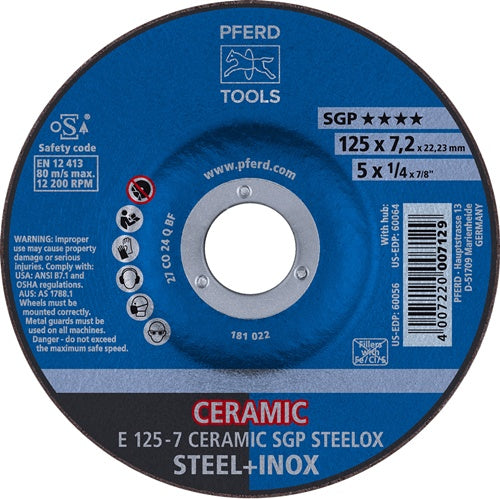 Schruppscheibe CERAMIC SGP STEELOX D125xS7mm gekröpft Stahl Bohrung 2223 mm PFERD - VPE: 10