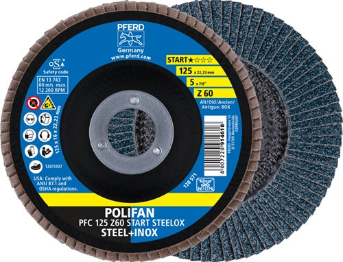 Fächerscheibe POLIFAN Z START STEELOX Ø 125 mm Körnung Z-60 konisch INOX Zirkonkorund Box á 10 St PFERD - VPE: 10