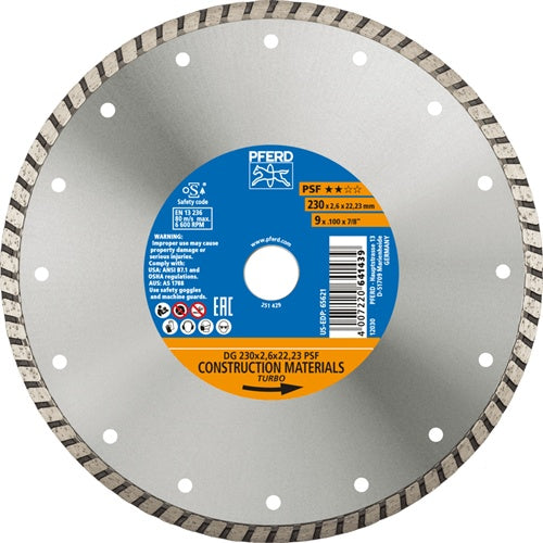 Diamanttrennscheibe DG PSF Ø 230 mm Bohrung 2223 mm Segmenthöhe 7 mm Segmentstärke 26 mm PFERD